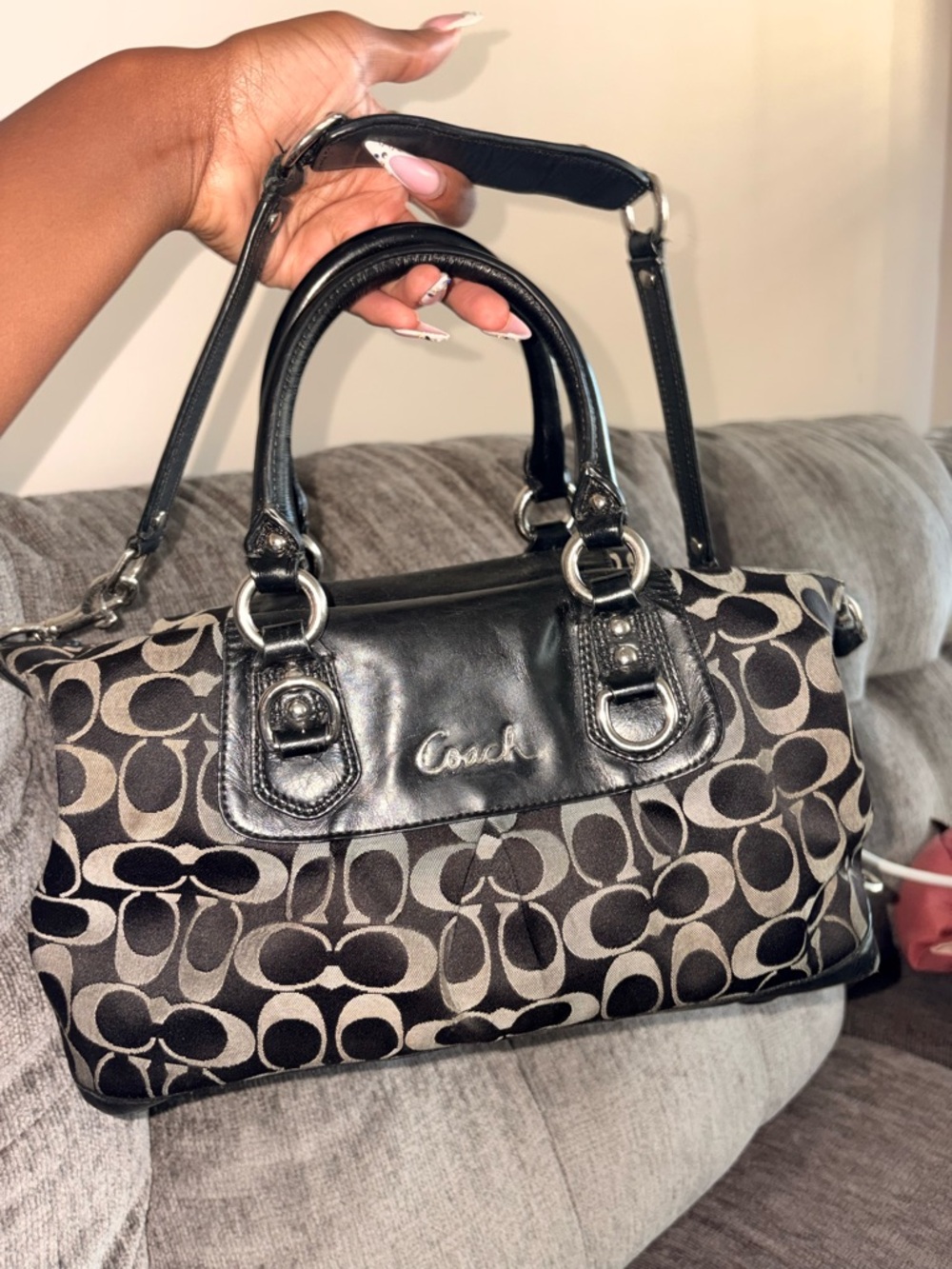 Coach Black and Gray Signature Satchel with Leather Trim
